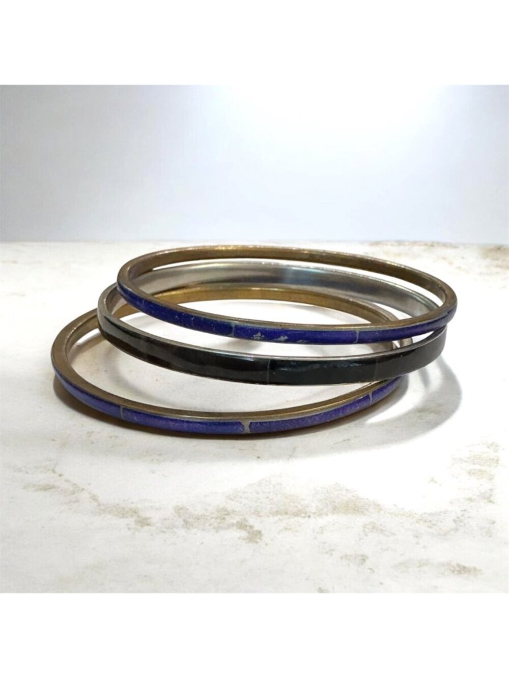 Vintage Lot Of 3 Enamel Bangles Blue & Black 2.5-Inch Diameter